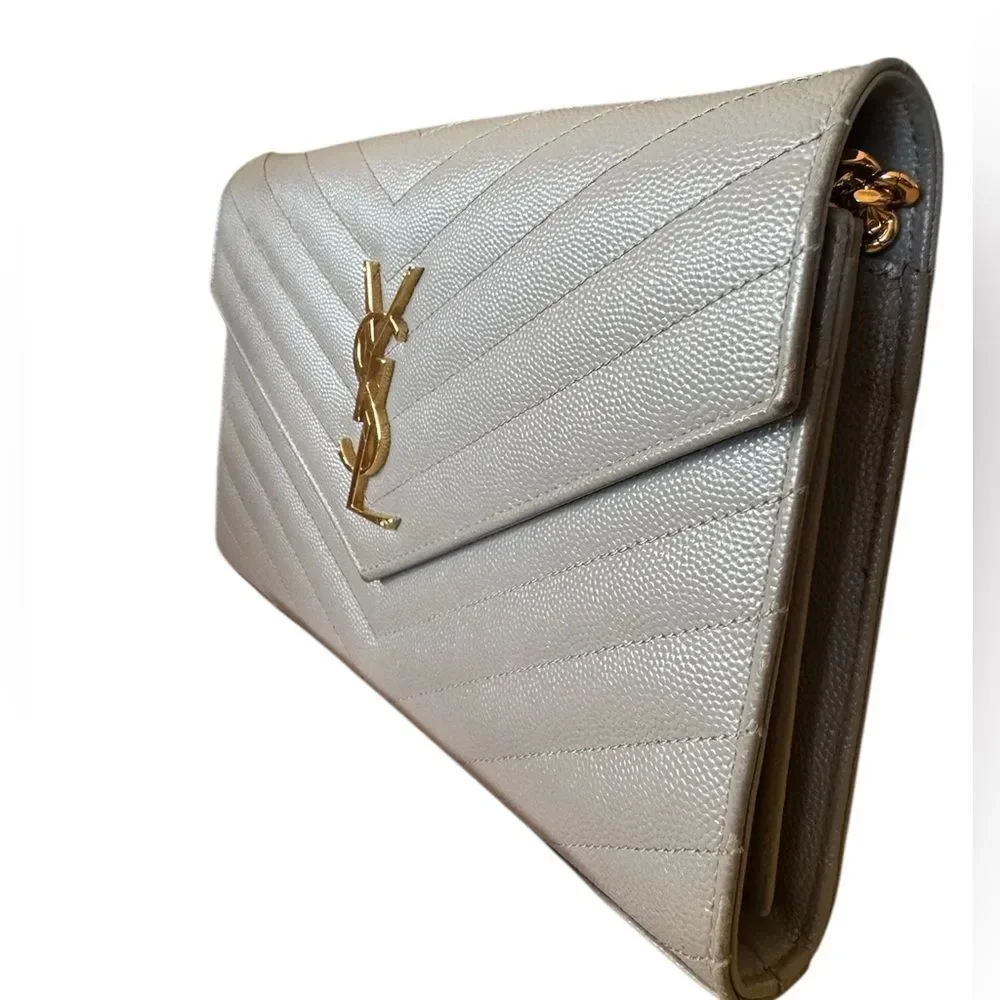 Auth Saint Laurent Gray Caviar Quilted Cassandre Wallet On Chain (WOC) Clutch